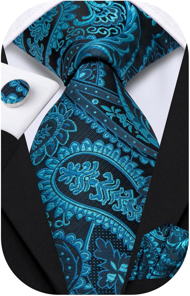 Dubulle Mens Tie Set Solid Paisley Silk Striped Necktie for Men with Cufflinks Tie and Pocket Square - Image 1